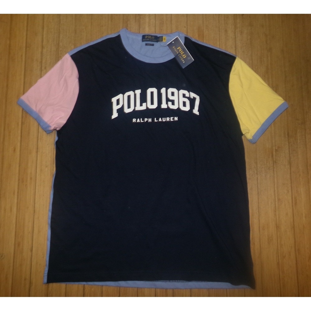 Polo Ralph Lauren Men XL Polo 1967 Colorblock T-Shirt Navy Blue Pink Yellow New